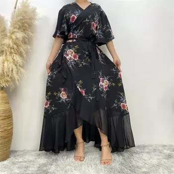 Женское летнее платье больших размеров с V-образным вырезом и рюшами в стиле пэчворк, на шнуровке с узкой талией, шифоновое платье с цветочным принтом, нерегулярный подол, платье макси для выпускного вечера в стиле ретро 2XL чёрный