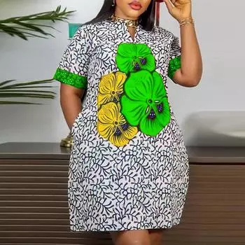 Женское летнее платье больших размеров с круглым вырезом и коротким рукавом с цветочным принтом M белый