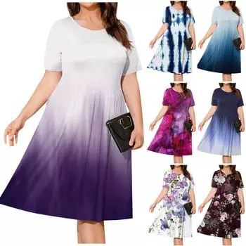 Женское летнее платье больших размеров, повседневное платье-футболка с короткими рукавами и бледной талией, свободное платье-футболка с карманами XXXL фиолетовый