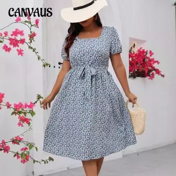 Женское летнее платье больших размеров с цветочным принтом, квадратным воротником, коротким рукавом, поясом и складками 0XL синий