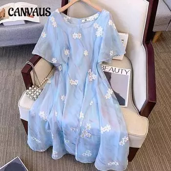 Женское летнее платье больших размеров с синим цветочным узором и короткими рукавами 2XL синий