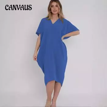 Женское летнее платье больших размеров с V-образным вырезом и рукавами «летучая мышь», свободным разрезом и средней длиной S чёрный