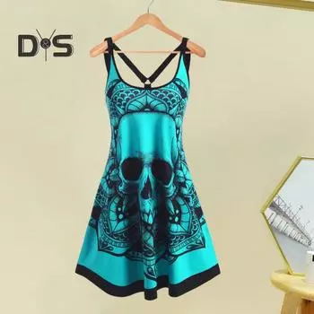 Женское летнее платье больших размеров с принтом готического черепа, платье-майка без рукавов, повседневное свободное женское платье для отпуска, вечеринки, клуба S белый