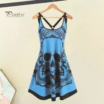 Женское летнее платье больших размеров с принтом готического черепа, платье-майка без рукавов, повседневное свободное женское платье для отпуска, вечеринки, клуба S зелёный