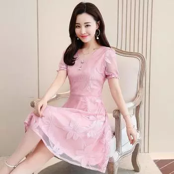 Женское летнее платье больших размеров с V-образным вырезом и короткими рукавами, кружевное платье, элегантная талия, юбка средней длины в стиле темперамент 5XL чёрный