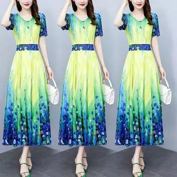 Женское летнее платье, большое шифоновое платье M-5XL, женское платье, утягивающее и утягивающее талию, платье с принтом 3XL разноцветный