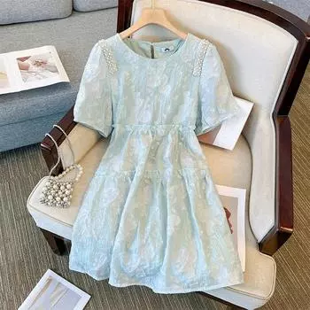 Женское летнее платье большого размера с рукавами-фонариками и высокой талией, свежее, милое, миди-платье с круглым вырезом 7XL
