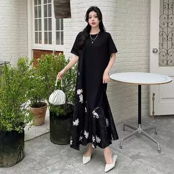 Женское летнее платье большого размера из винтажного кружева с имитацией двух частей, свободное платье, длинные повседневные однотонные платья 2XL чёрный
