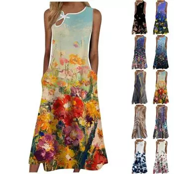 Женское летнее платье Cheongsam с цветочным принтом, повседневное сексуальное крутое платье без рукавов L оранжевый