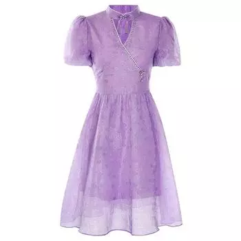 Женское летнее платье ципао с пышными рукавами для межсезонья Small фиолетовый