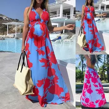 Женское летнее платье для беременных без рукавов с v-образным вырезом и богемным принтом на подтяжках L розовый