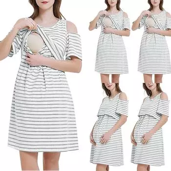Женское летнее платье для беременных с короткими рукавами в полоску для кормления грудью XL