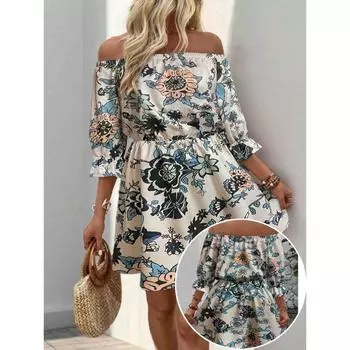 Женское летнее платье для гостей на свадьбу с открытыми плечами, цветочным принтом, короткое платье-трапеция с поясом S
