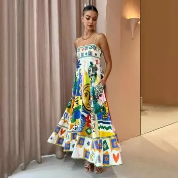 Женское летнее платье для отдыха без рукавов с открытой спиной А-силуэта с большим качелями и цветным принтом без воротника, пляжное платье миди L жёлтый