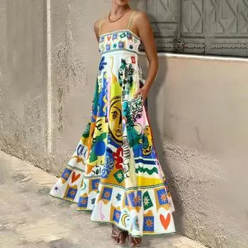 Женское летнее платье для отдыха без рукавов с открытой спиной А-силуэта с большим качелями и цветным принтом без воротника, пляжное платье миди S жёлтый