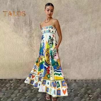 Женское летнее платье для отдыха без рукавов с открытой спиной А-силуэта с большим качелями и цветным принтом без воротника, пляжное платье миди M жёлтый