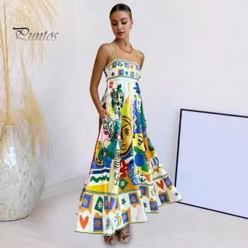 Женское летнее платье для отдыха без рукавов с открытой спиной А-силуэта с большим качелями и цветным принтом без воротника, пляжное платье миди M жёлтый