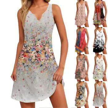 Женское летнее платье для отдыха и отдыха с принтом в виде морского берега и V-образным вырезом и разрезом XL чёрный