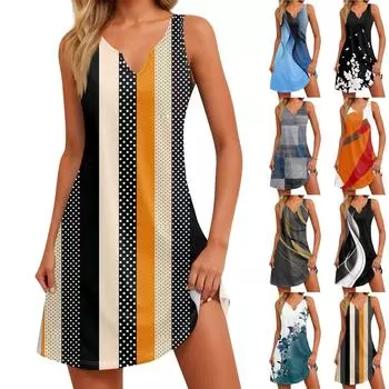 Женское летнее платье для отдыха и отдыха с принтом в виде морского берега и V-образным вырезом и разрезом M бежевый