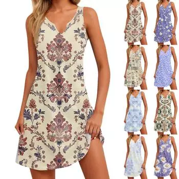 Женское летнее платье для отдыха и отдыха с принтом в виде морского берега и V-образным вырезом и разрезом XL