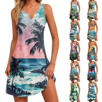 Женское летнее платье для отдыха и отдыха с принтом в виде морского берега и V-образным вырезом и разрезом S белый