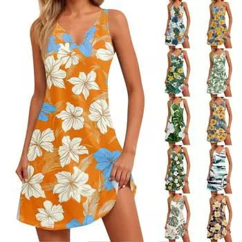 Женское летнее платье для отдыха и отдыха с принтом в виде морского берега и V-образным вырезом и разрезом M жёлтый