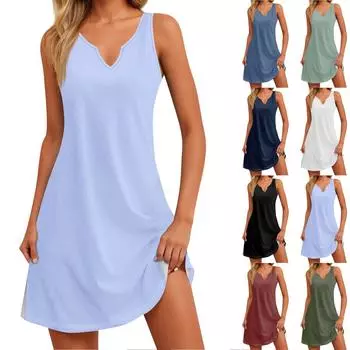 Женское летнее платье для отдыха, темпераментное, с V-образным вырезом и разрезом, однотонное платье S