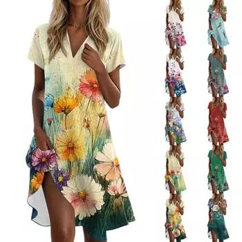 Женское летнее платье-футболка повседневное с коротким рукавом V-образным вырезом свободное с карманами L армия зеленый