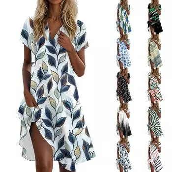 Женское летнее платье-футболка повседневное с коротким рукавом V-образным вырезом свободное с карманами L армия зеленый