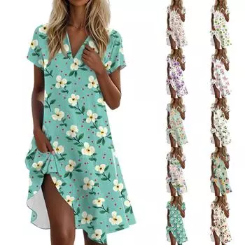 Женское летнее платье-футболка повседневное с коротким рукавом V-образным вырезом свободное с карманами L бежевый