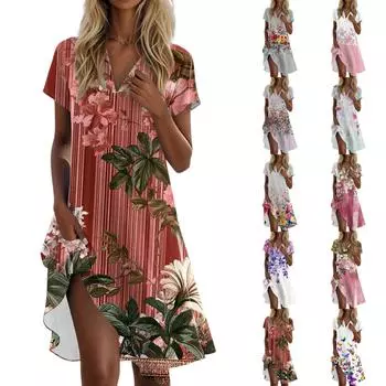 Женское летнее платье-футболка повседневное с коротким рукавом V-образным вырезом свободное с карманами L