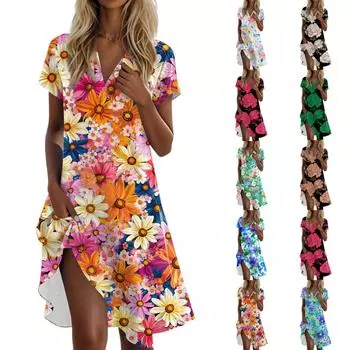 Женское летнее платье-футболка повседневное с коротким рукавом V-образным вырезом свободное с карманами L армия зеленый