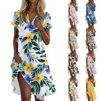 Женское летнее платье-футболка повседневное с коротким рукавом V-образным вырезом свободное с карманами L бежевый