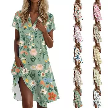 Женское летнее платье-футболка повседневное с коротким рукавом V-образным вырезом свободное с карманами L бежевый