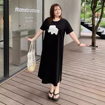 Женское летнее платье-футболка с коротким рукавом и принтом, модное повседневное платье выше колена с эффектом омоложения M чёрный