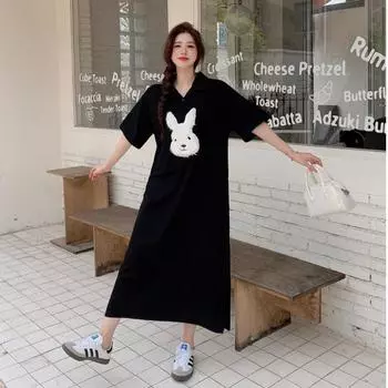 Женское летнее платье-футболка с короткими рукавами и воротником-поло, тонкая кожаная маска А-силуэта L чёрный