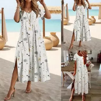 Женское летнее платье-футболка с принтом, женское повседневное свободное платье миди с коротким рукавом S белый