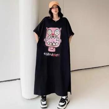 Женское летнее платье-футболка с принтом в виде мультфильма, юбка с разрезом, повседневное длинное платье для похудения M чёрный