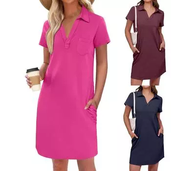 Женское летнее платье-футболка с V-образным вырезом и коротким рукавом, повседневные туники, платья, модная одежда с карманами L чёрный