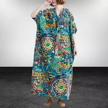 Женское летнее платье-футляр с принтом в винтажном стиле в стиле бохо с принтом свободного покроя больших размеров One Size зелёный