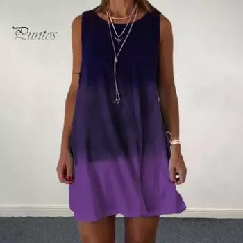 Женское летнее платье Градиентного контрастного цвета без рукавов А-силуэта Свободный жилет с круглым вырезом Тип ежедневной домашней одежды для отдыха Мини-платье Короткий сарафан M фиолетовый