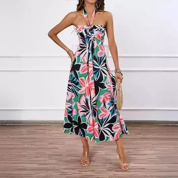 Женское летнее платье-халат с открытыми плечами и кружевом S