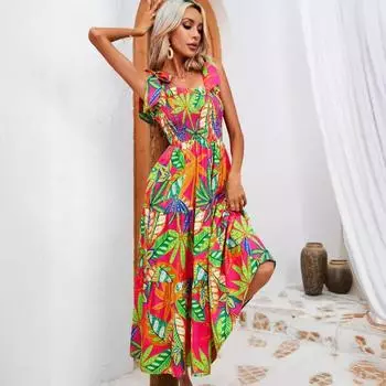 Женское летнее платье-халат с принтом листьев S зелёный