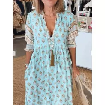 Женское летнее платье-халат в стиле бохо с V-образным вырезом, модным принтом, рукавами-фонариками и высокой талией S синий