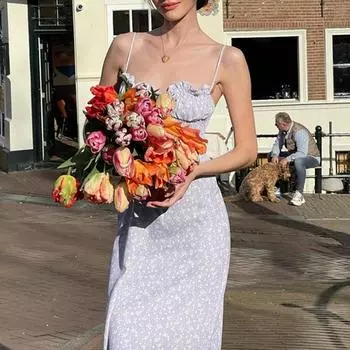 Женское летнее платье-халтер с цветочным принтом и глубоким вырезом на шнуровке, сексуальное, в стиле ретро, романтическое, повседневное S светло-фиолетовый