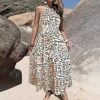 Женское летнее платье-халтер в стиле бохо с цифровым принтом и леопардовым принтом S цветной печати леопарда