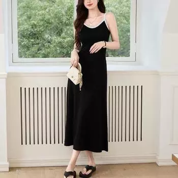 Женское летнее платье из чистого хлопка с контрастным V-образным вырезом, длинной юбкой и широкими подвязками S
