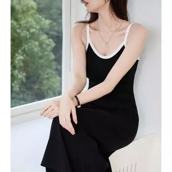 Женское летнее платье из чистого хлопка с контрастным V-образным вырезом, длинной юбкой и широкими подвязками S