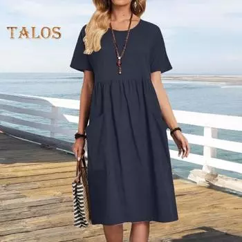 Женское летнее платье из хлопка и льна с круглым вырезом, коротким рукавом, платье миди, свободное повседневное пляжное струящееся платье с карманами XL розовый