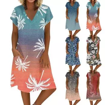 Женское летнее платье из хлопка и льна с V-образным вырезом и короткими рукавами XL винный